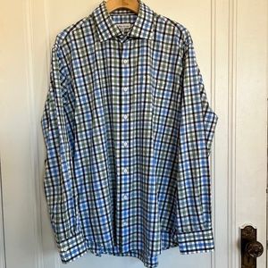 Men's PETER MILLAR Button Down Shirt Blue Black Green Plaid Check Tartan…